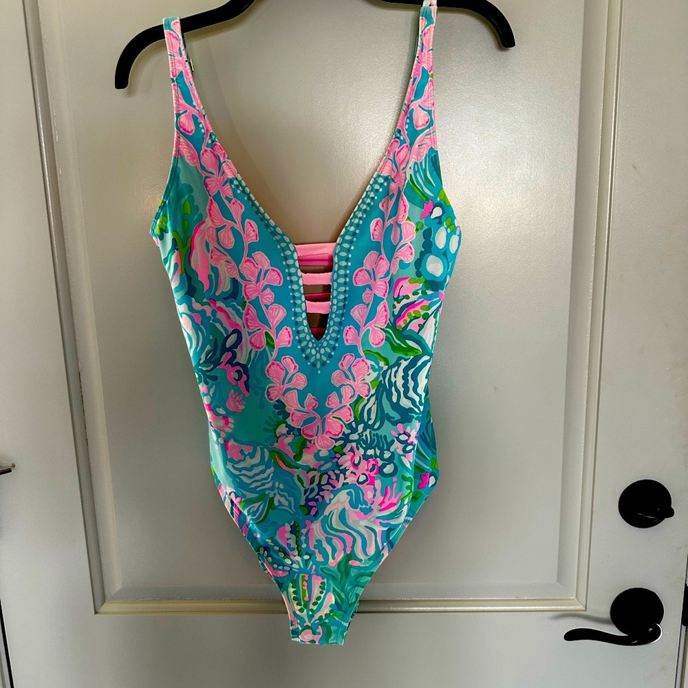 Lily Pulitzer teal blue and pink one piece bathing suit
